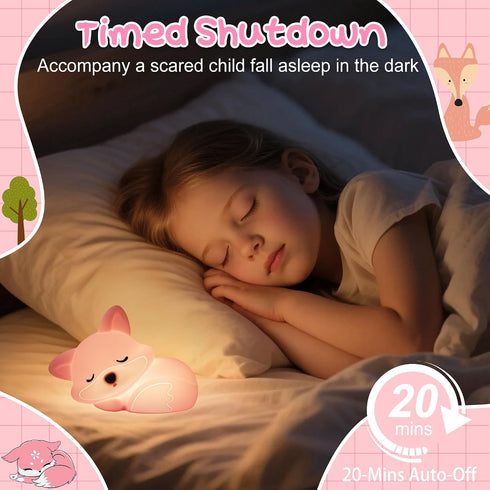20 Dimmable Fox Lamp for Girls, Pink Silicone Squishy Fox Shaped, Mins Auto-Off Rechargeable Night Light, Fox Gifts