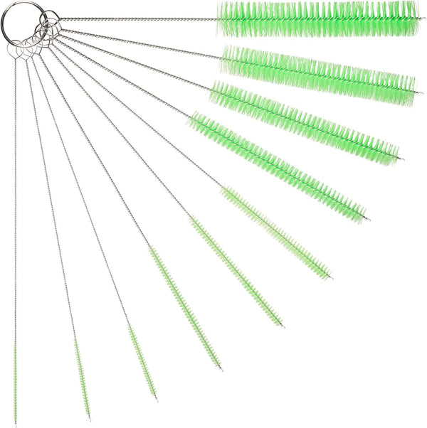 10" Tube Cleaning Brush Set, Green, 10 Pack Nylon Straw Brushes for Bottle, Straws, Pipe, Keyboard, Deep Cleaning