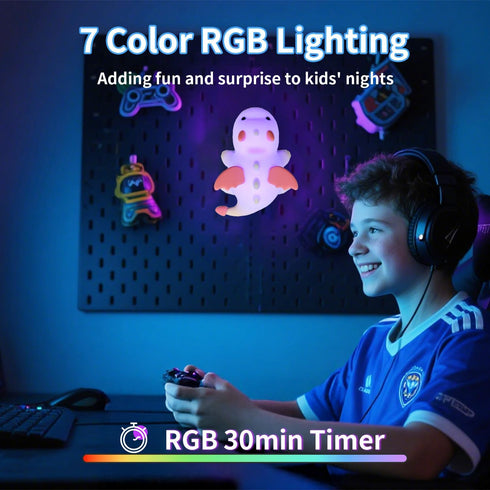 ChicLumen 7 Cute Dragon Kids Night Light, Dinosaur Silicone Lamp with RGB Colors & Warm White, Portable Magnetic Night