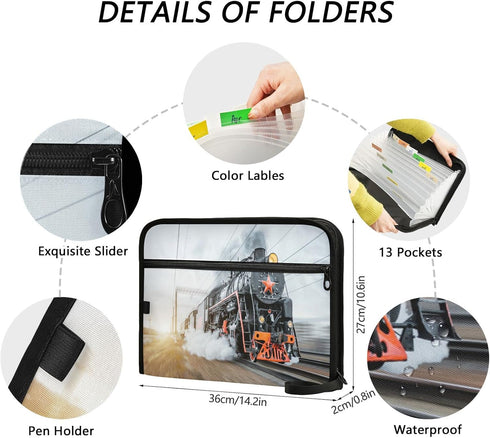 Kcldeci 13 Pocket Expanding File Folder, Steam Locomotive Train Accordion Document Organizer with Zipper Closure