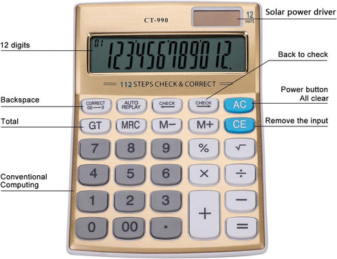 Standard Function Calculator, Portable Solar Power Desktop Calculator, 12 Digit Large LCD Display for Daily Office Use