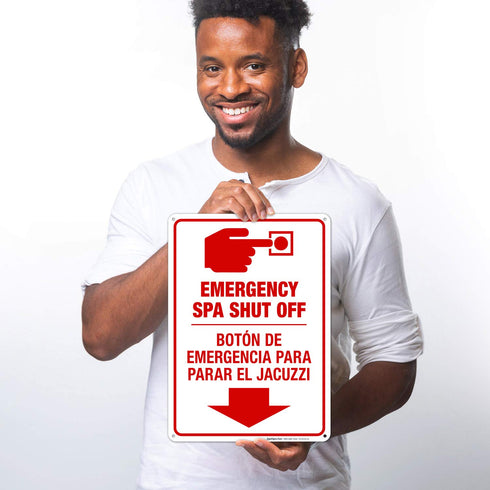 10x14 Inches, .040 Emergency Spa Shut Off Sign, Bilingual English Spanish, Rust Free Aluminum, Fade Resistant, Easy