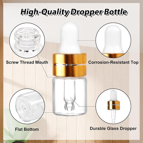 100 Pack 2ml Clear Glass Dropper Bottles with 4 Pcs Plastic Droppers, Mini Sample Vials for Essential Oils