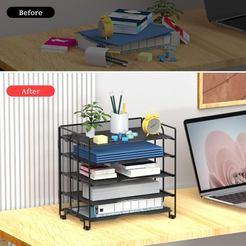 Letter Tray Paper Organizer, 5 Tier Black Mesh Desk Organizers, Stackable File Holder for Home Office
