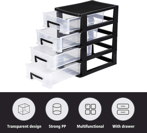 SEWACC Plastic Drawers, 4-Layer Small Drawer Organizer, Desktop Organizer with Transparent Drawers, Office Supplies