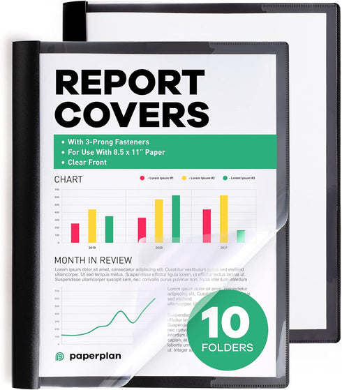 Report Covers with 3-Prong Fasteners, Clear Front Presentation Folders, 10 Set, Plastic, 8.5x11"