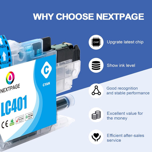 NEXTPAGE LC401 Ink Cartridge Compatible for Brother LC401 LC401XL Standard Yield - 2 Pack (1 Black, 1 Cyan, 1 Magenta,