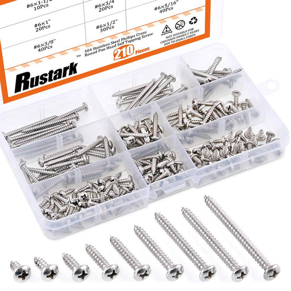 210-Pcs 304 Stainless Steel Round Pan Head Phillips Cross Wood Screws Assortment Kit, # 6 5/16'' to 1-1/2''