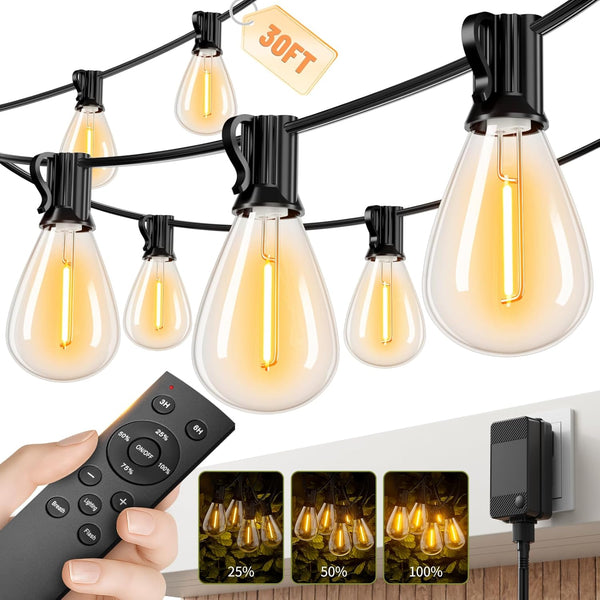Sikitul 30FT LED Outdoor String Lights with Remote, One Continuous Strand Patio Lights