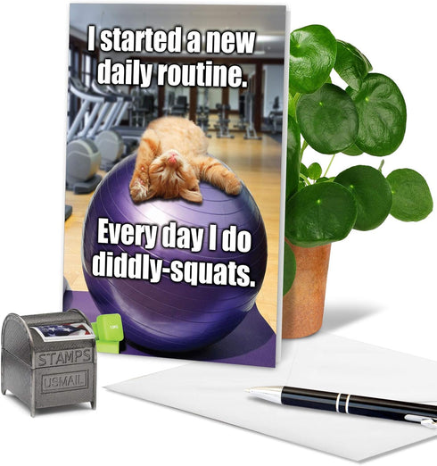 NobleWorks - Diddly Squats Funny Retirement Greeting Card with Envelope - Cute Cat Workout, Congrats Card C3955RTG