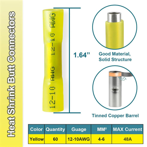 60PCS Heat Shrink Butt Connectors, Insulated Waterproof Butt Connectors 12-10 AWG, Tinned Copper Butt Connectors for Wiring, Marine, Automotive (Yellow)