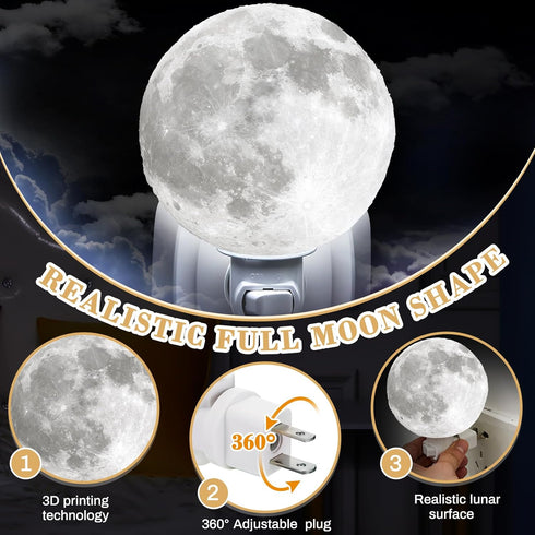 4-inch 3D Hortsun Moon Craft Moon Night Light, Plug in Wall Mounted Bedside Lamp, Cool White LED, Space Themed Bedroom