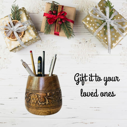 Mie Creations Designer Pencil Holder for Desk, Wooden Paintbrush Cup, Cute Makeup Brush Organizer, Brown
