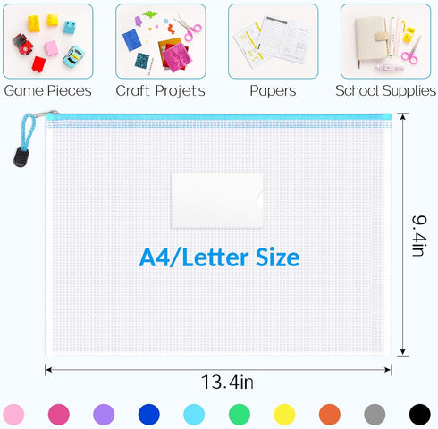 Sooez 14 Pack Mesh Zipper Pouch Bags, A4 Letter Size, Zipper Bags with Label Pocket, Waterproof Zipper Pouches for Classroom Organization, Board Game Storage, Document Bag for Office School Supplies