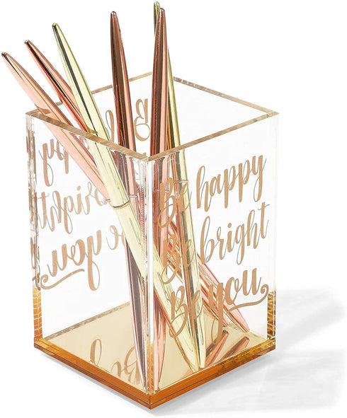 Paper Junkie Gold and Clear Acrylic Pen Holder with Inspirational Quotes, 2.95 x 4.45 In