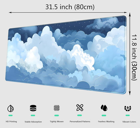 DCJJM 31.5x11.8 Desk Mat Blue and White Puffy Clouds Desk Pad Cute Gaming Mouse Pad XL Large Mousepad Anime Desk Matt