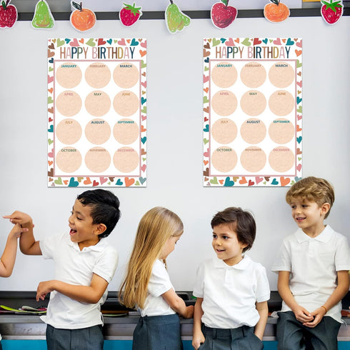 Happy Birthday Chart for Classroom - 2Pcs Boho Birthday Poster Decoration 17’’ x 12’’ Boho Birthday Cake Calendar