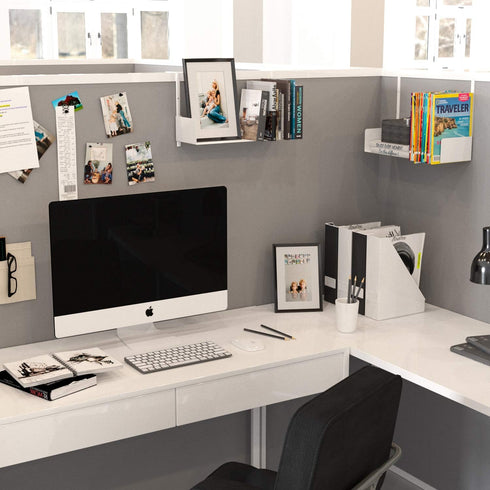 Wallniture Bali Cubicle Organizer, Metal Bookshelf with Buro Hanger Hooks, White