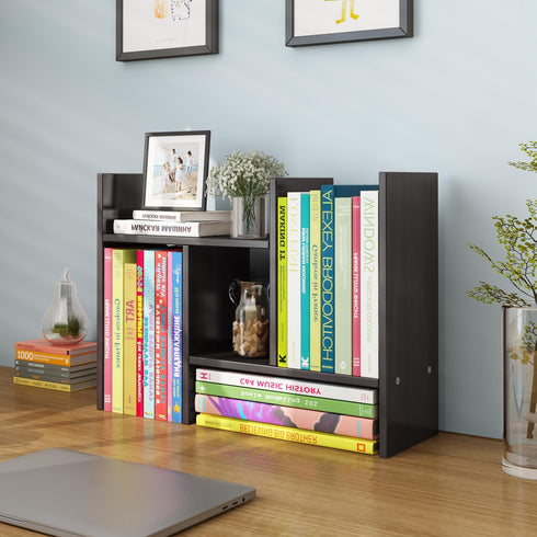 YSJILIDE Wood Adjustable Small Desktop Bookshelf, Expandable Storage Organizer, Office Supplies Desk Rack (Black)