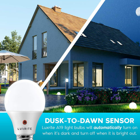 LUXRITE A19 LED Dusk to Dawn Light Bulbs Outdoor Lighting, 60 Watt Equivalent, Enclosed Fixture Rated, Automatic On Off Sensor, 5000K Bright White, 800 Lumens, Damp Rated, E26 Base (4 Pack) by LUXRITE
