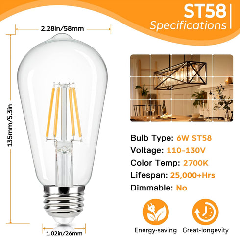 Brightever 4-Pack Vintage LED Edison Bulbs 60W Equivalent, 6W ST58 2700K Warm White Antique LED Filament Bulbs, E26 Medium Base, Clear Glass Style for Home and Commercial, Non-dimmable by Brightever