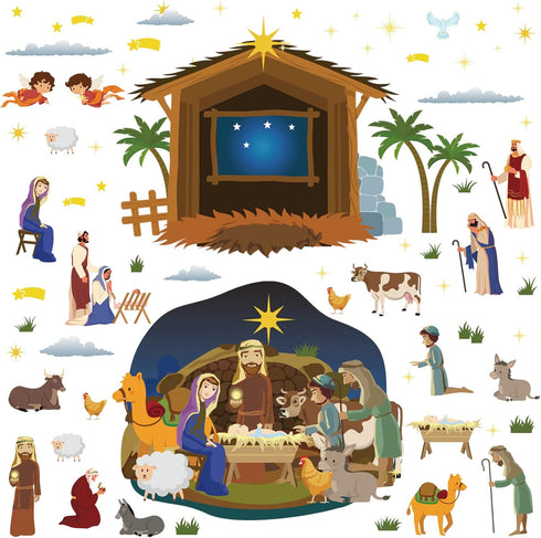 BBTO 65 Pcs Christmas Nativity Bulletin Board Decorations Set, Religious Nativity Scene Cutouts for Xmas Party
