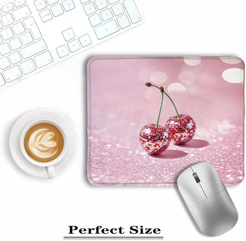 XUNLURY Y2K 9.5x7.9 Inch Trendy Pink Disco Ball Cherry Mouse Pad, Funky Preppy Glitter Cherry Fruit Mousepads