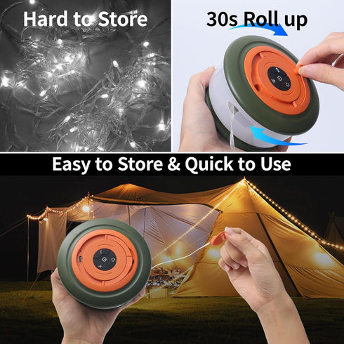 Phylosal 3 1 6 32.8FT Camping String Lights, in Outdoor Camping Light with Lighting Modes, Quick Storage Rechargeable
