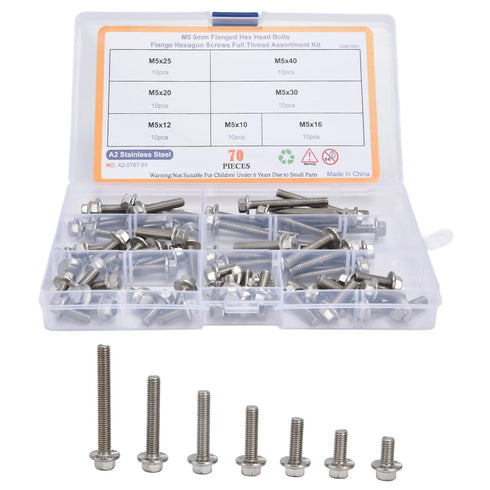 Flanged Hex Head Bolts Assortment Kit, 70 Pcs M5 Flange Hexagon Screws, Stainless Steel Hardware Accessory