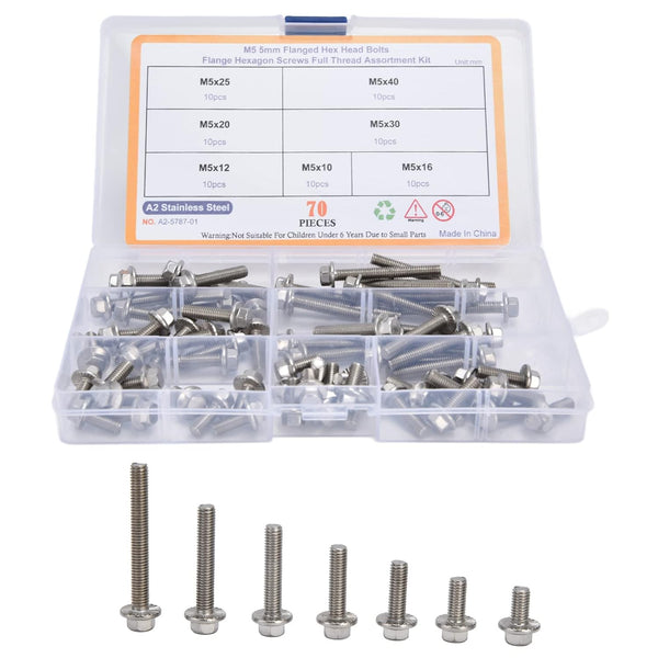Flanged Hex Head Bolts Assortment Kit, 70 Pcs M5 Flange Hexagon Screws, Stainless Steel Hardware Accessory