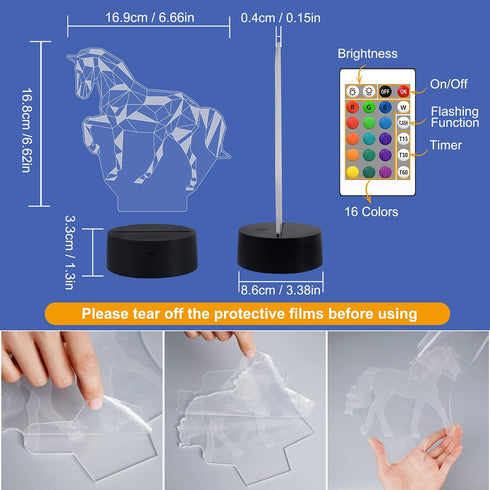 3D 16 FULLOSUN Night Lights for Kids Horse Illusion Night Light Bedside Lamp Colors Changing with Remote Control Best
