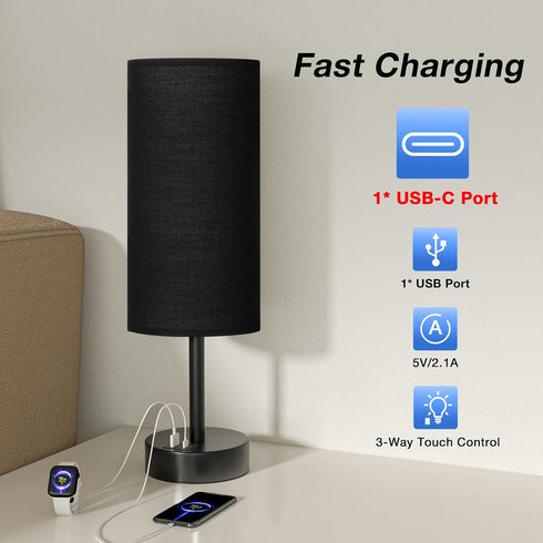 3 Dimmable Black Touch Nightstand Lamps for Girl - Small Bedside Lamp with USB-C and USB Charging Ports, Way Control