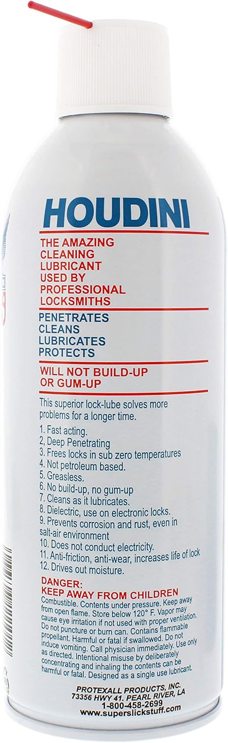 11 oz Houdini Lock Lube Professional Lock Lubricant Spray, - Greaseless, Graphite-Free, Dielectric Cleaner & Protectant