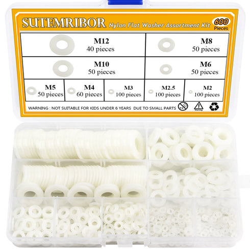 Nylon Flat Washer Assortment Set – 600 Pieces, 9 Sizes - M2 M2.5 M3 M4 M5 M6 M8 M10 M12