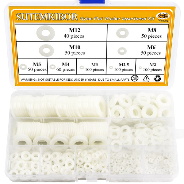 Nylon Flat Washer Assortment Set – 600 Pieces, 9 Sizes - M2 M2.5 M3 M4 M5 M6 M8 M10 M12