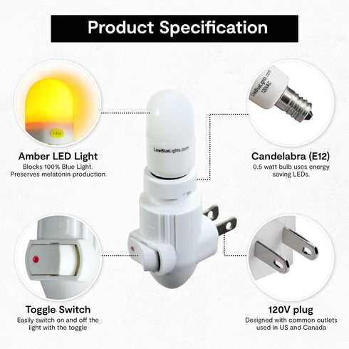 120V 100% LowBlueLights Amber Night Light: Plug-in LED Blocks Blue Light for Sleeping, Nursery and Preserving Melatonin