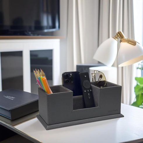 UnionBasic Leather Desk Organizer, Multi-compartment Pen Holder, Gray