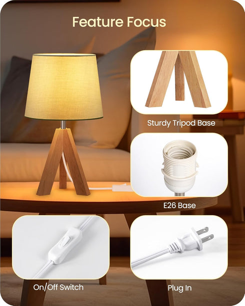 J51TL05 Tripod Table Lamp, Small Bedside Lamp with Wood Base & Green Fabric Shade, Little Cute Desk Lamp, Modern