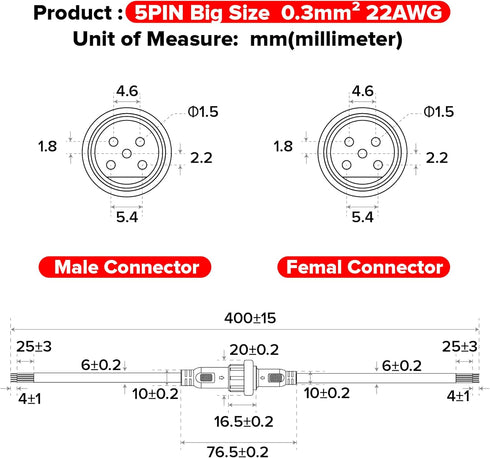 BTF-LIGHTING 5 Pin Electrical Connector 22AWG IP65 Male Female Connector 7.87in/20cm Extension Cable for LED Strip
