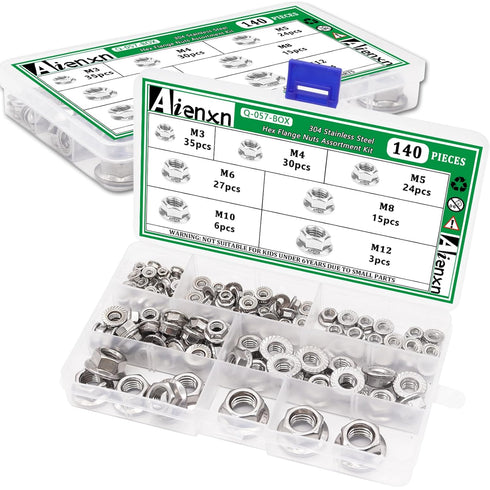 Aienxn 140PCS 7 304 -M3, M4, M5, M6, M8, M10, M12 Metric Sizes Stainless Steel Hex Flange Nuts Assortment Kit