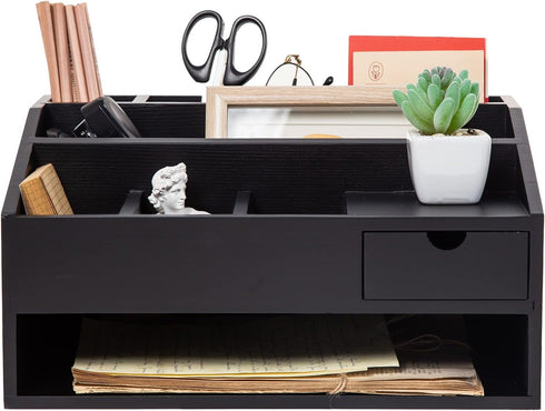 Wood Desk Drawer Organizers with File Organizer and Pen Holder, Black Office Decor Combo for Desk Organization