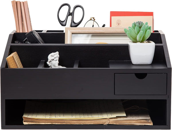 Wood Desk Drawer Organizers with File Organizer and Pen Holder, Black Office Decor Combo for Desk Organization