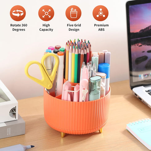 Desk Pencil Pen Holder - 5 Slots 360° Degree Rotating Organizer for Office, School, Home, and Art Supplies (Orange)