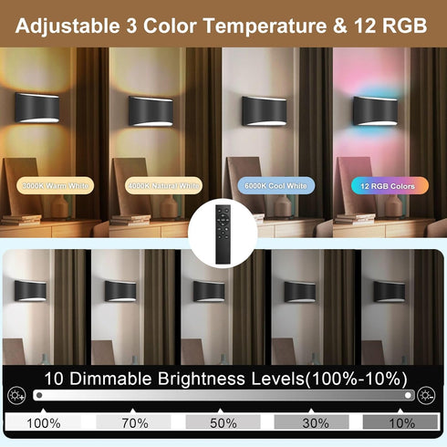 Dimmable 3000K/4000K/6000K Hallway(Black,2P) TRLIFE Rechargeable Battery Operated Wall Sconces, Remote Control LED Wall