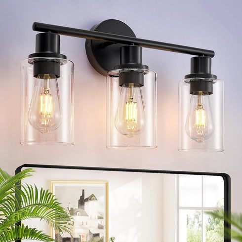 DLLT 3-Light Bathroom Light Fixtures: 18.51" Black Modern Vanity Lights with Clear