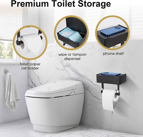 Beileqi Matte Black Toilet Paper Storage Holder with Shelf for Wet Wipes, Sanitary Tampon, Trash Bags, Bathroom Wipes