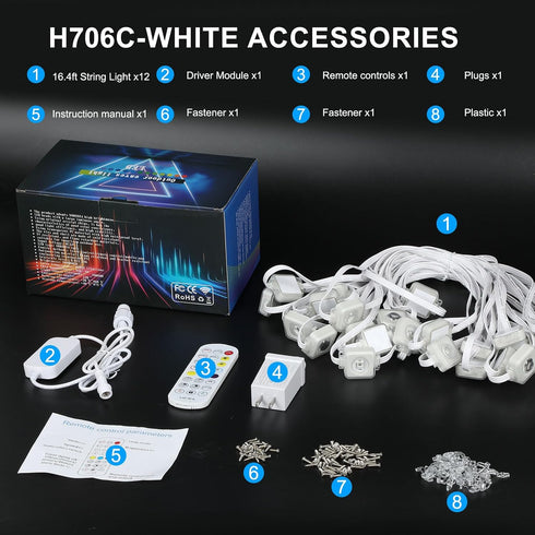 50ft 30 Bulbs 100+ IP67 Permanent Outdoor Eaves Lights, with RGB LED for Festive Decor, Scene Options, Waterproof