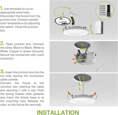 1 Pack 4 Inch 9W 757LM, 5CCT 2700K-5000K CRI90+, Dimmable T24, ASD Baffle Trim Recessed Light, LED Wafer Lights