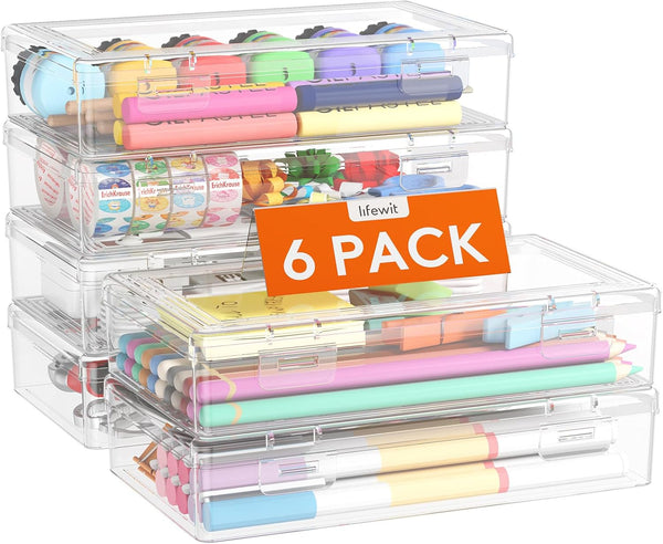 Lifewit 6 Pack Plastic Pencil Box with Snap-tight Lid, Large Capacity Hard Pencil Case, Stackable Craft Organizer