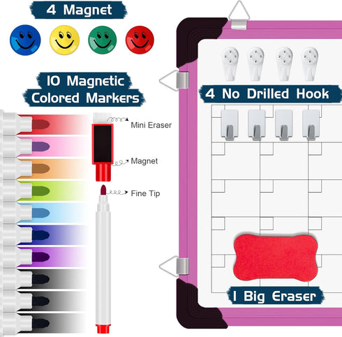 Dry Erase Calendar Whiteboard for Wall, 16" x 12" Magnetic Board, Portable Hanging Planner Memo (Pink)